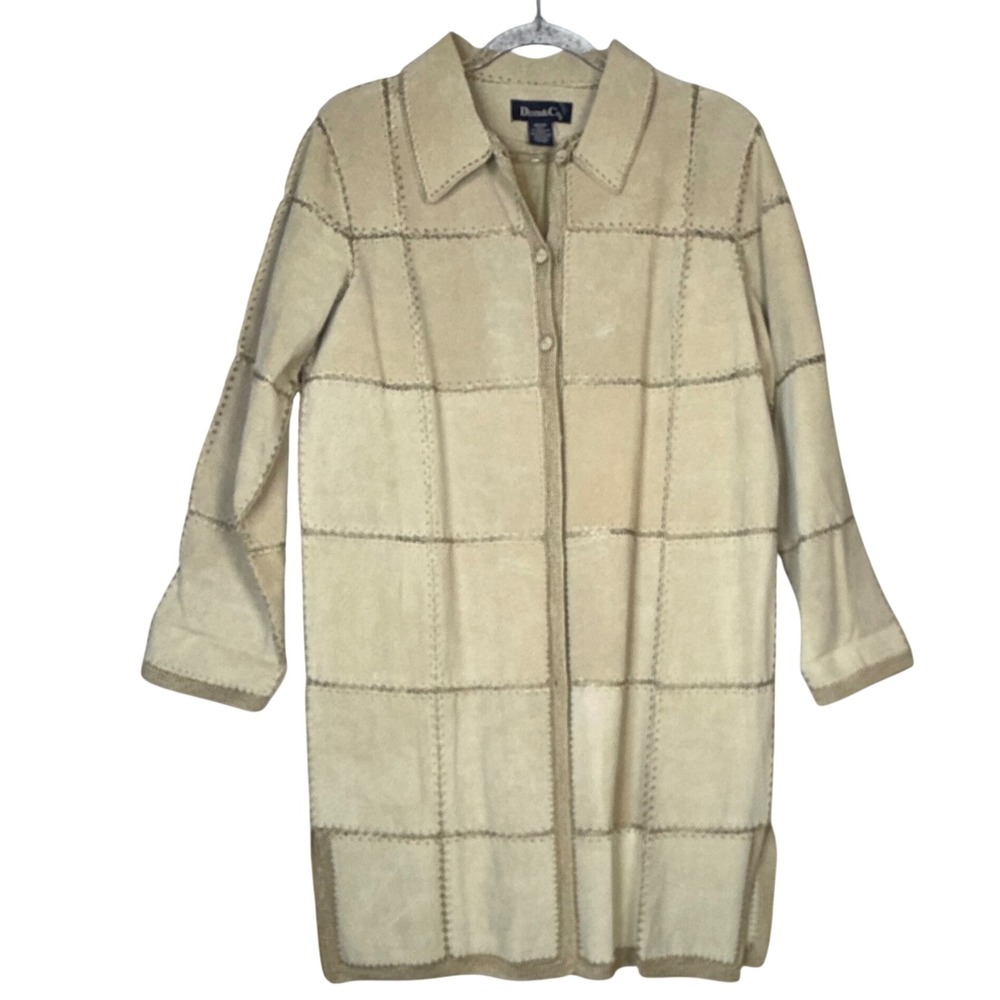 Denim & Co Tan Leather Patchwork Duster Jacket Crochet Stitch Long Coat Medium